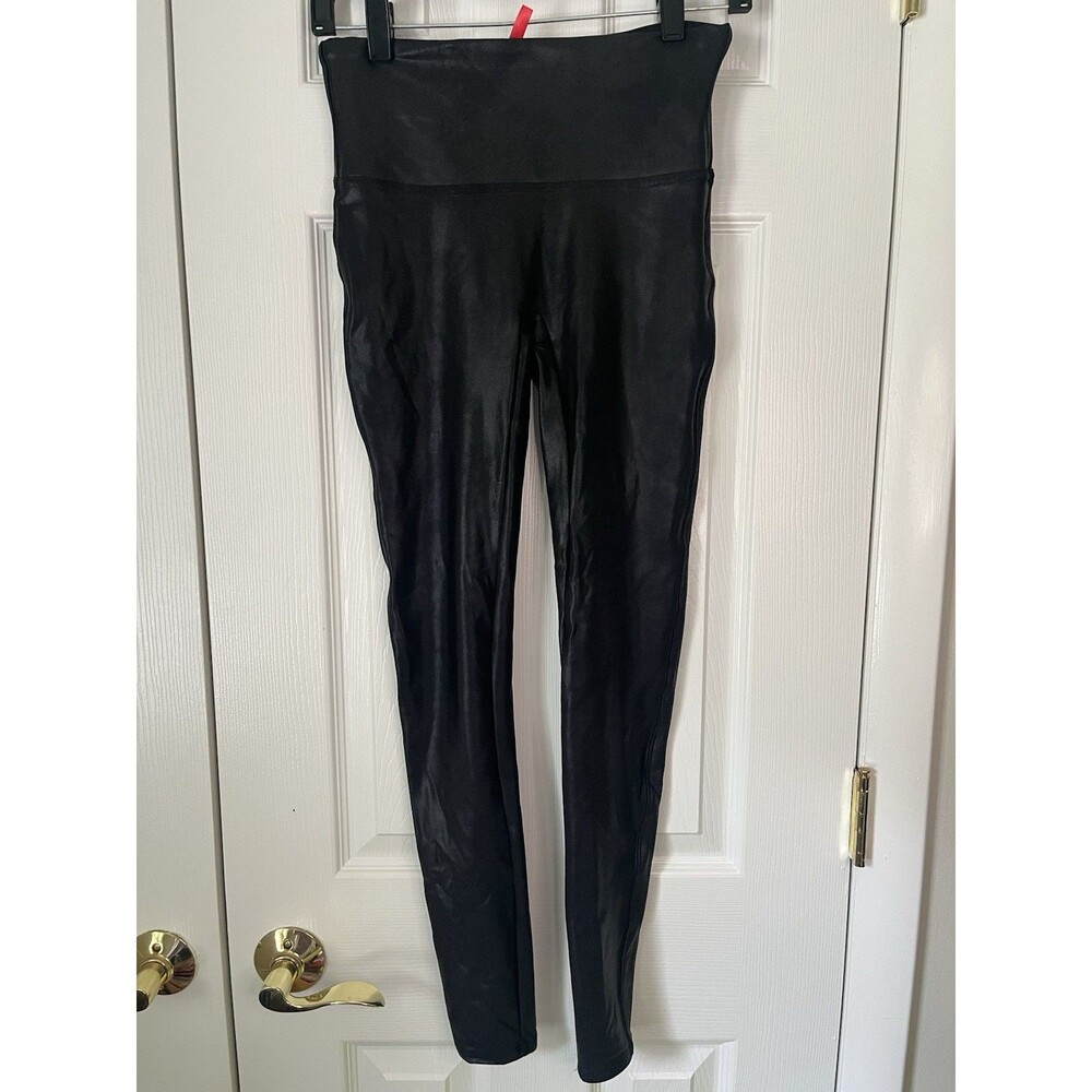 SPANX Faux Leather Leggings Black Size Medium Stretch High Rise Shaping